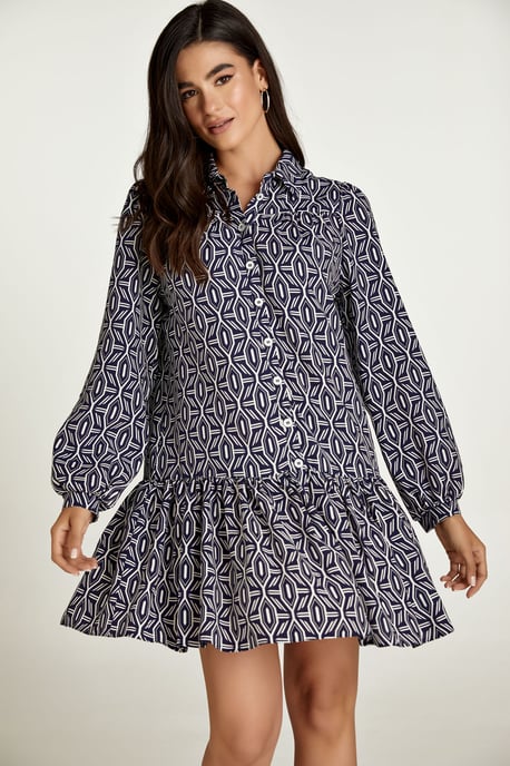 Marineblaues und weißes Print-Kleid mit Knöpfen - Image 6