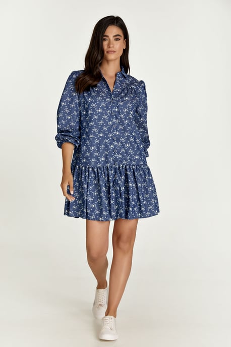 Indigoblaues geblümtes Kleid mit Knöpfen - Image 1