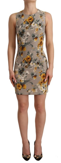 Dolce & Gabbana Damen Graues Seiden-Stretch Floral Etuikleid Mini - Image 1