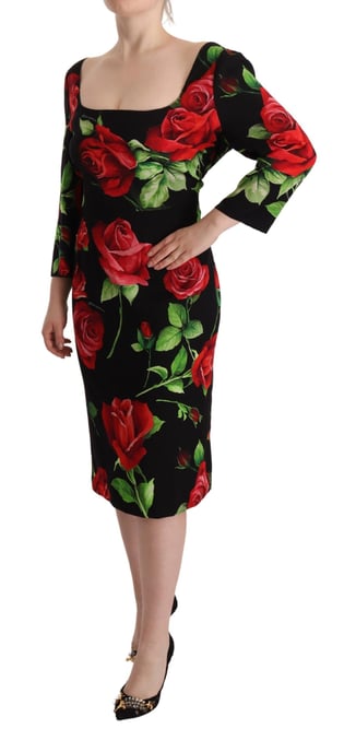 Dolce & Gabbana Damen Schwarzes Rotrosen Kleid aus Stretchseide - Image 2