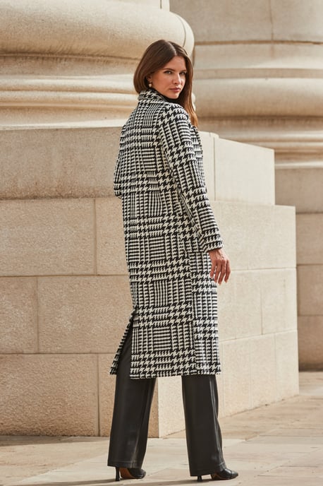 Black & White Dogtooth Print Longline Coat