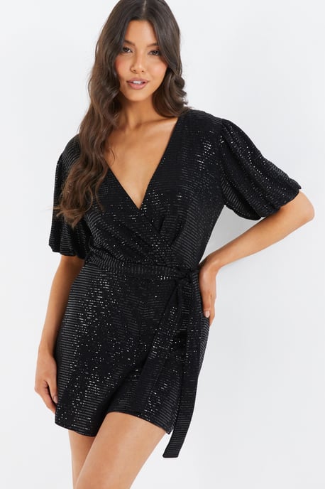 Black Sequin Wrap Playsuit