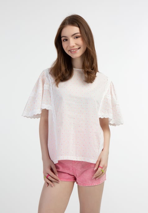 Mymo bluse mit spitze Damen Weiss Pinkorange Punkte - Image 3