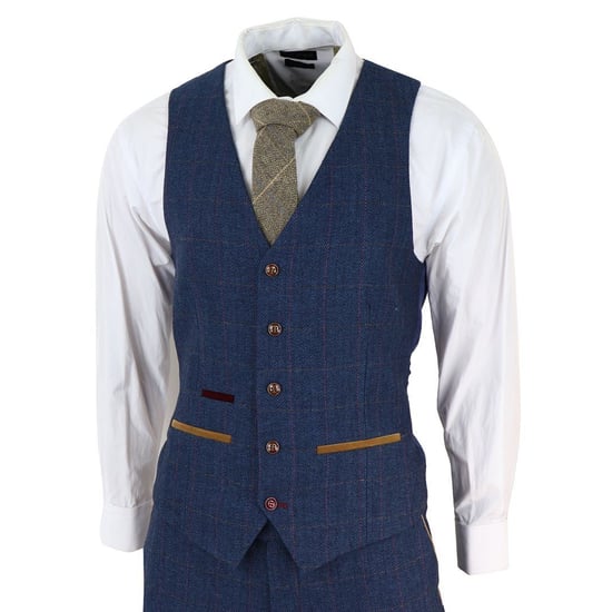 Herren Blaue Tweed-Karo 3-Teiliges Anzug - Image 5