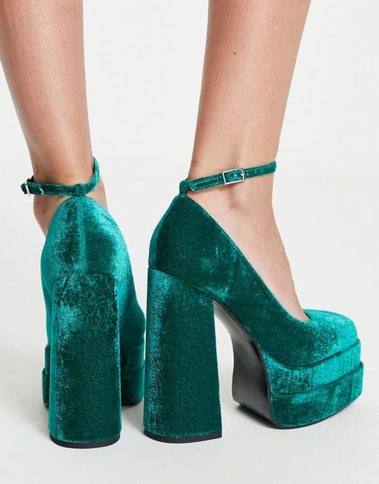 ASOS DESIGN Pistol double platform heeled shoes in teal velvet-Blue