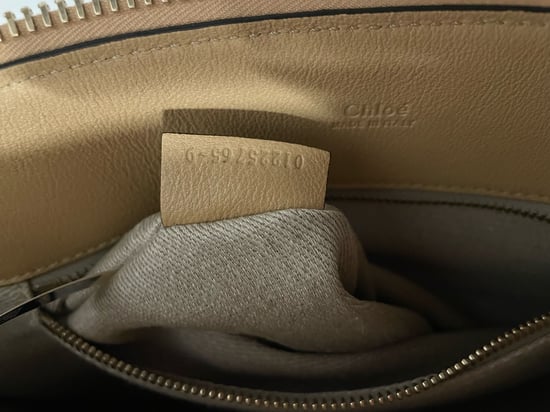 Chloe Edith Fransen Mittelgroße Tasche in beigem Leinen und hellbraunem Kalbsleder - Image 4