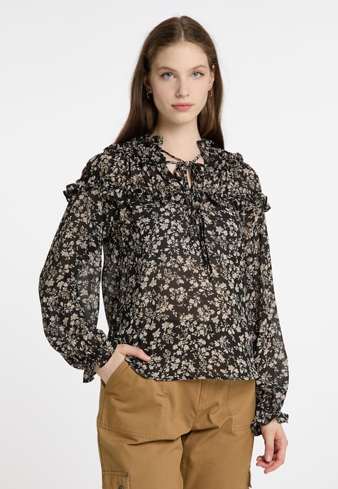 Dreimaster Rüschenbluse Damen schwarz weiss - Image 3