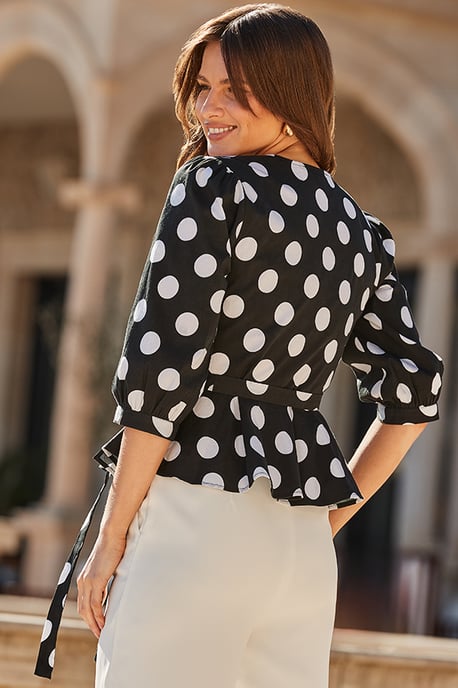 Black & White Spot Print Peplum Hem Wrap Top