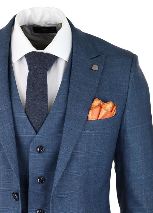 Herren 3-teiliges blaues Anzugset Prince Of Wales Karomuster klassischer leichter taillierter Schnitt modern - Image 5