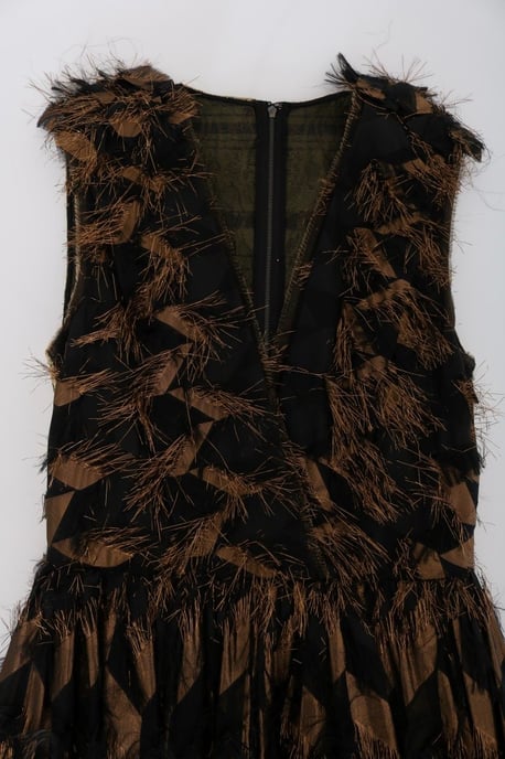 Dolce & Gabbana - Robe A-Line en soie noire à franges marron pour femme - Image 6
