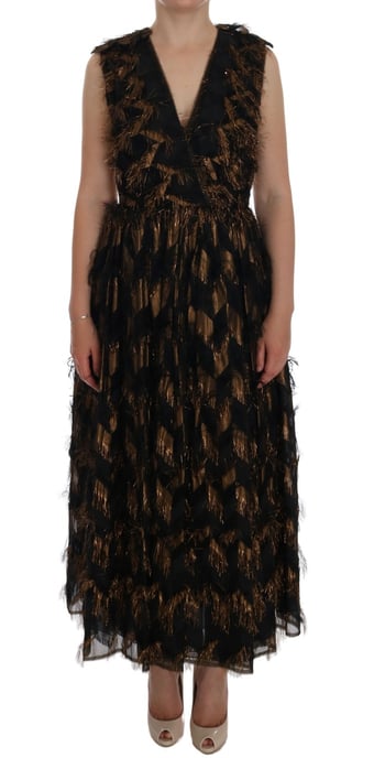 Dolce & Gabbana - Robe A-Line en soie noire à franges marron pour femme - Image 1