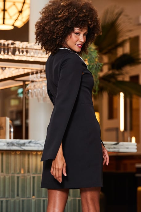 Black Cape Sleeve Shift Dress With Diamante Trim