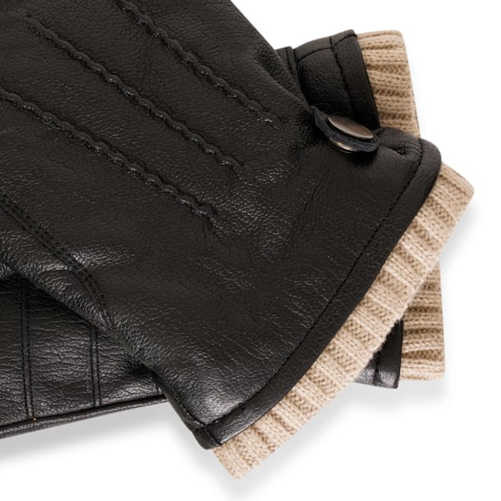 Barneys Originals Gift Boxed Black Goat Leather Glove with Cream Knit Cuff