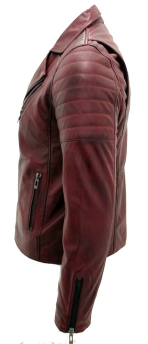 Brando-style slim-fit leather biker jacket with cross zipper