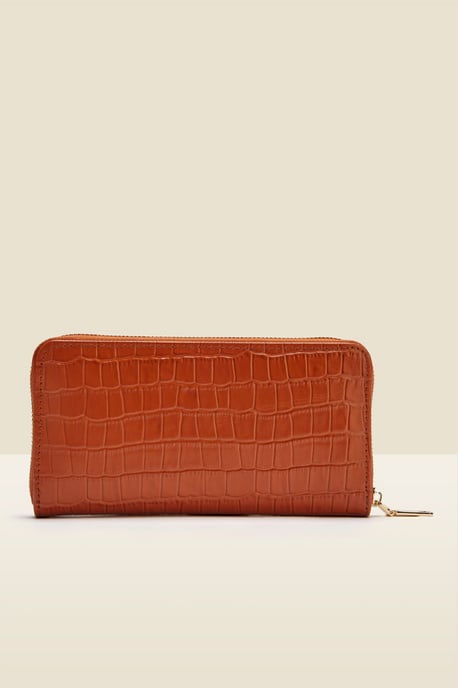Tan Croc Leather Purse With Coin Pouch