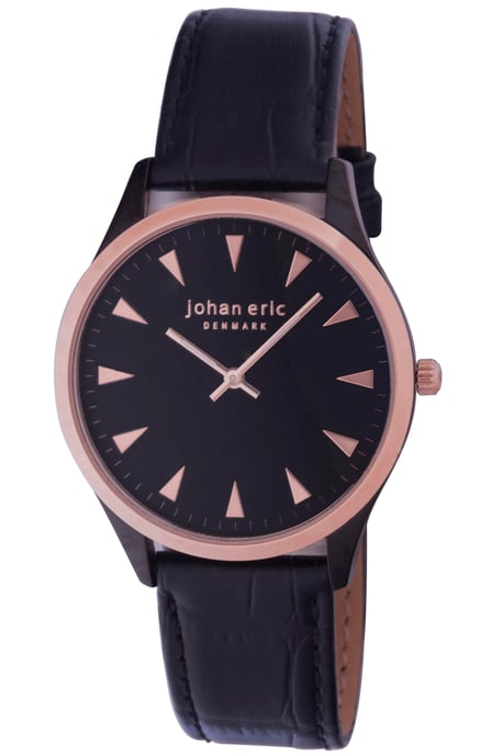 Johan eric: helsingør, men's, black dial watches w triangular rose gold tone hr-markers, black ip case w rose gold ip bezel ring & crown, black calfskin band