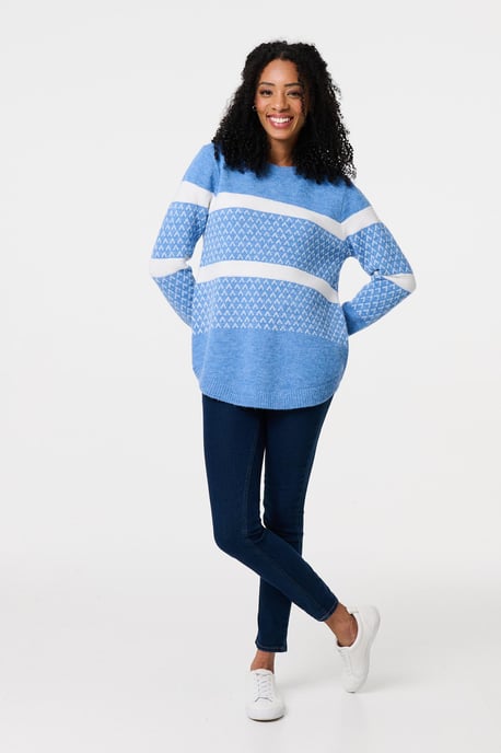 Blue Stripe Print Relaxed Curve Hem Jumper