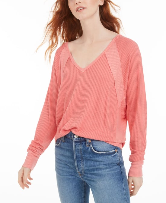 Free People Women's Blouse Pink Waffle-Knit Long-Sleeve