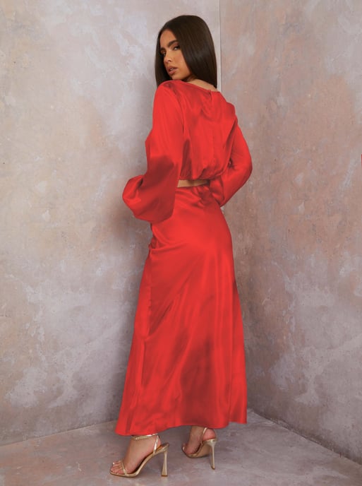 Satin Midi Slip Skirt in Red