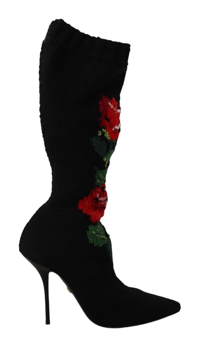 Dolce & Gabbana Schwarze Stretch-Socken Rote Rosen Stiefeletten Damenschuhe - Image 1