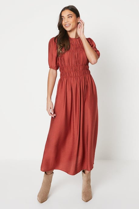 Petite Shirred Bodice Puff Sleeve Midi Dress