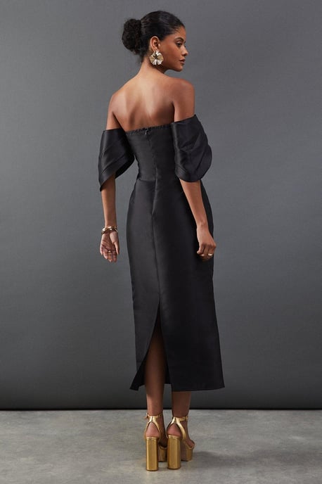 Structured Puff Sleeve Bardot Midi Dress