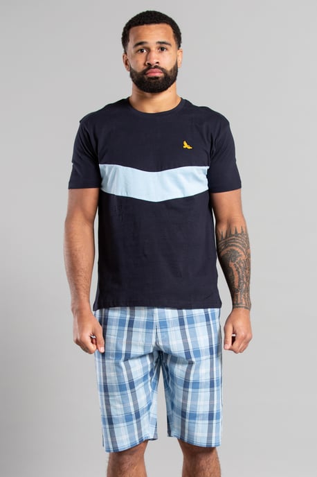 Dark Navy Cotton Loungewear Check Short And T-Shirt Set