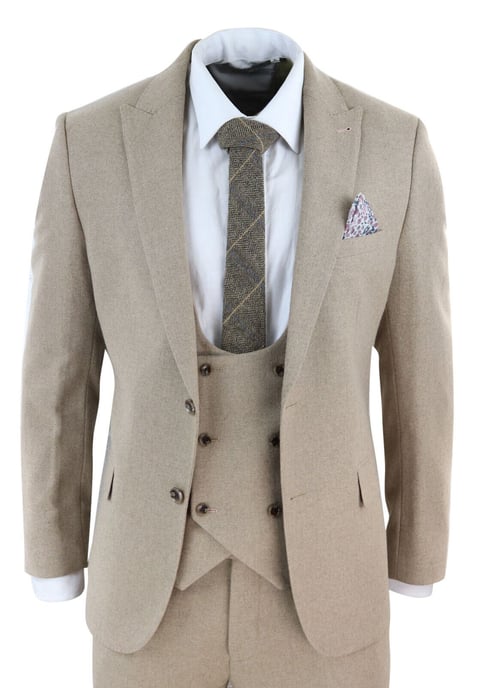 Mens Tweed 3 Piece Beige Formal Wedding Suit