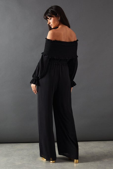 Shirred Bardot Waisted Wide Leg Jumpsuit