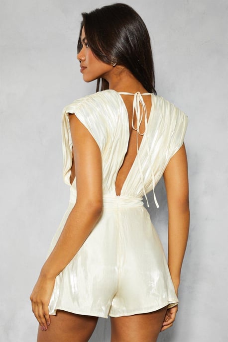 Textured Satin Plunge Flippy Short Playsuit