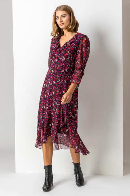 Ditsy Floral Chiffon Frill Midi Dress