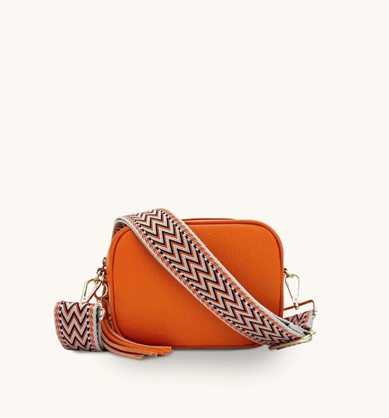 Orange Leather Crossbody Bag With Grey Boho Strap