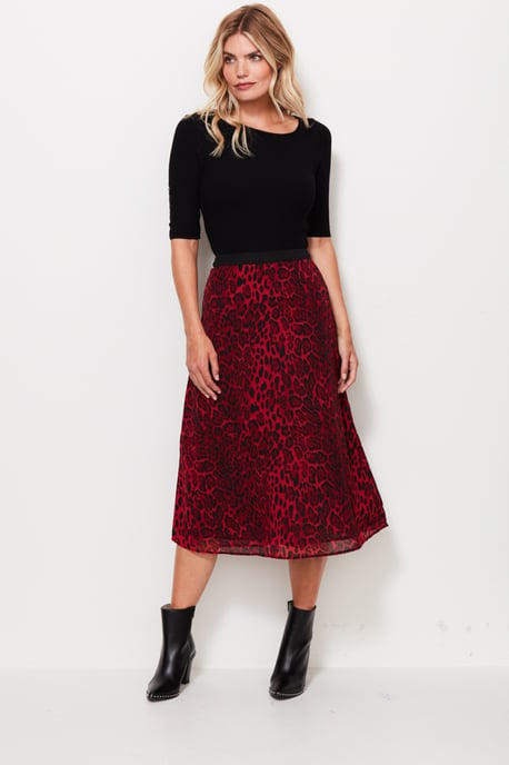 Red Leopard Print Midi Skirt
