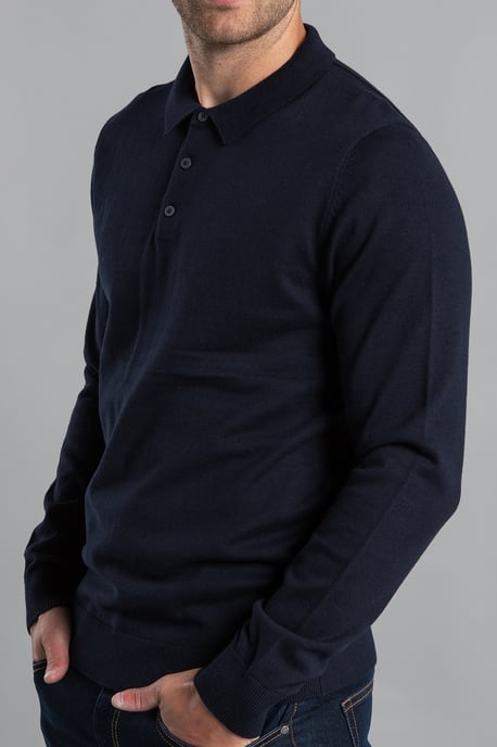 Dark Navy Cotton Knitted Long Sleeve Polo