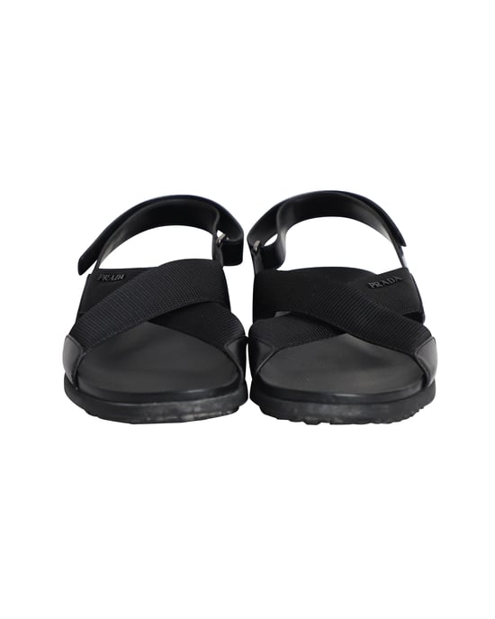 Prada Logo Riemen Überkreuz Sandalen aus schwarzem Leder - Image 2