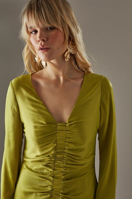Crinkle Satin Ruched Front Column Midi Dress