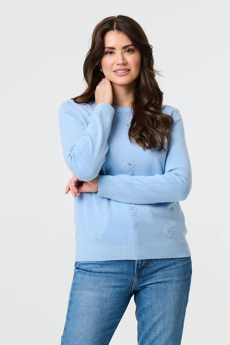 Light Blue Floral Gemstone Embellished Jumper - Image 1