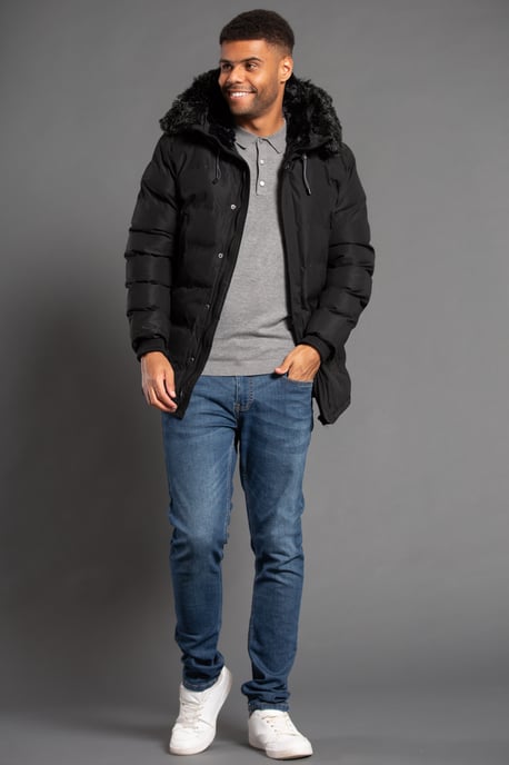 Black Longline Hooded Padded Jacket With Faux Fur Hood