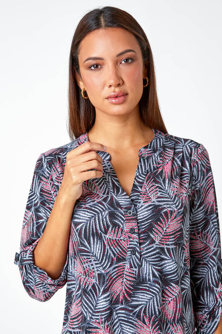 Leaf Print V-Neck Stretch Jersey Blouse