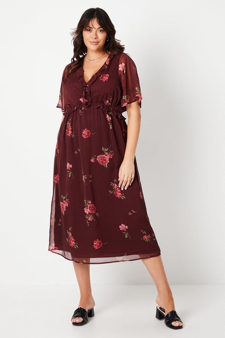 Curve Floral Chiffon Frill Midi Dress - Image 1