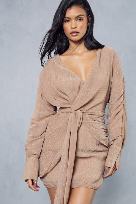 Textured Crinkle Twist Front Plunge Shirt Dress