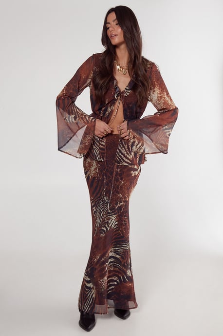 Mixed Animal Crinkle Chiffon Bias Cut Maxi Skirt - Image 1