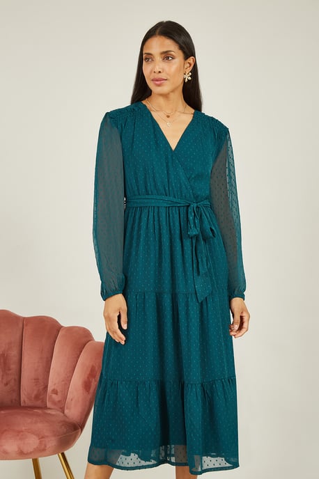 Green Recycled Dobby Spot Long Sleeve Midi Wrap Dress