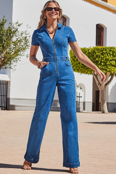 Indigo Blue Zip Front Wide Leg Denim Jumpsuit
