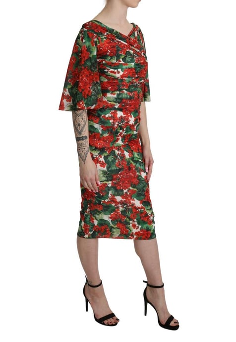 Dolce & Gabbana Damen Rotes Blumenkleid aus Seide mit Stretch-Midi-Schnitt - Image 3