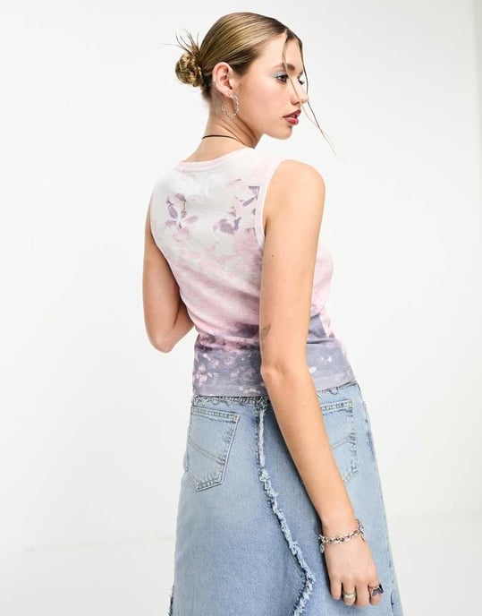 COLLUSION flower print semi sheer vest in white