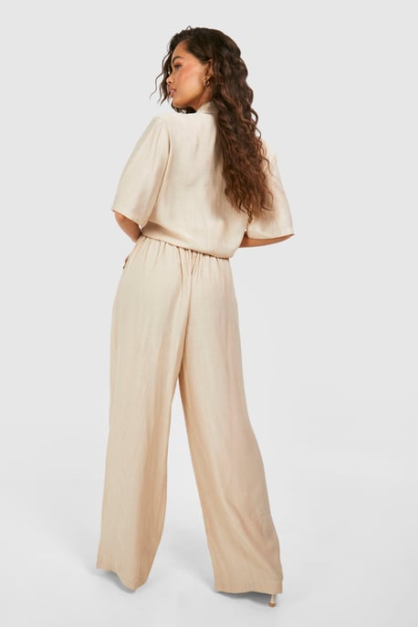 Textured Crinkle Relaxed Fit Wide Leg Trousers