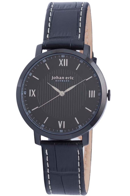 Johan eric: koge, men's, black dial watch, applied indexes w hydraulic stamping pattern, black ip coated stainless steel case & buckle, black  leather strap w crocodile pattern top....