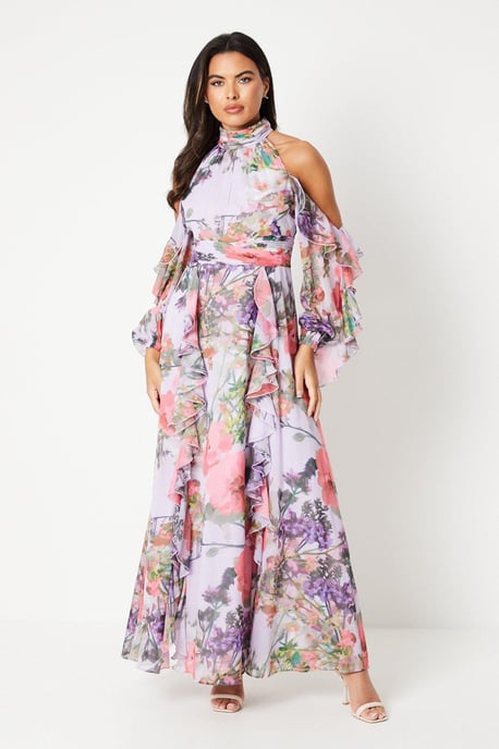Printed High Neck Open Shoulder Blouson Sleeve Maxi Dress
