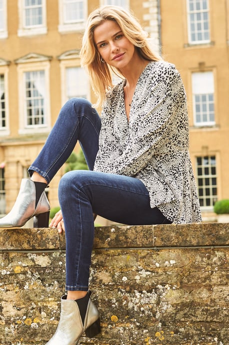 Cream & Black Animal Print Tie Front Top